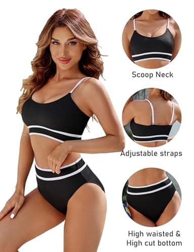 BMJL Women's High Waisted Bikini Ribbed Two Piece Swimsuit High Cut Color Block Adjustable Straps Bathing Suit(L,Black) - Image 3