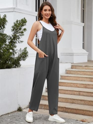 Muchpow Women's V Neck Sleeveless Jumpsuits Spaghetti Straps Harem Long Pants Overalls With Pockets (Dark Grey,Medium) - Image 4