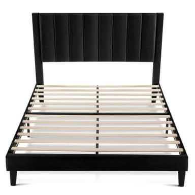 SHA CERLIN Queen Bed Frame/Velvet Upholstered Platform Bed Frame with Headboard/Strong Wood Slats Support/Mattress Foundation/No Box Spring Needed - Black - Image 9