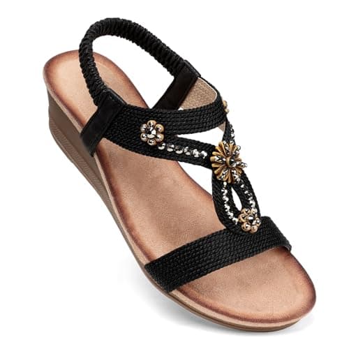 SHIBEVER Black Wedge Sandals for Women Dressy Summer Comfortable Rhinestone Sandals Open Toe Ankle Strap Dress Shoes Low Heel Size 9 - Image 1