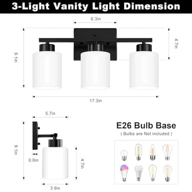 FonmYim Black Bathroom Light Fixtures, 3-Light Modern Vanity Light Over Mirror, Wall Sconces with Milky White Frosted Glass Shades, E26 Socket (Bulbs Not Included) - Image 2