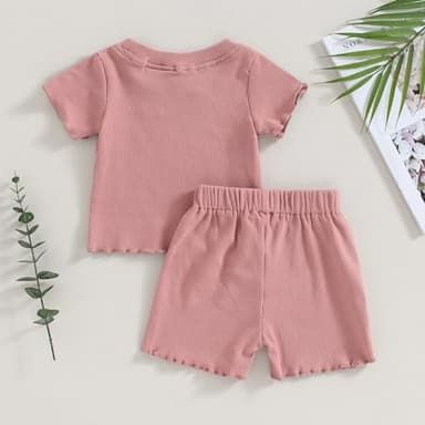 Kupretty 2Pcs Toddlers Baby Girls Summer Clothes Set Ruffle Ribbed Short Sleeves T-Shirt Tops Shorts Comfy Outfits (Pink, 12-18 Months) - Image 7