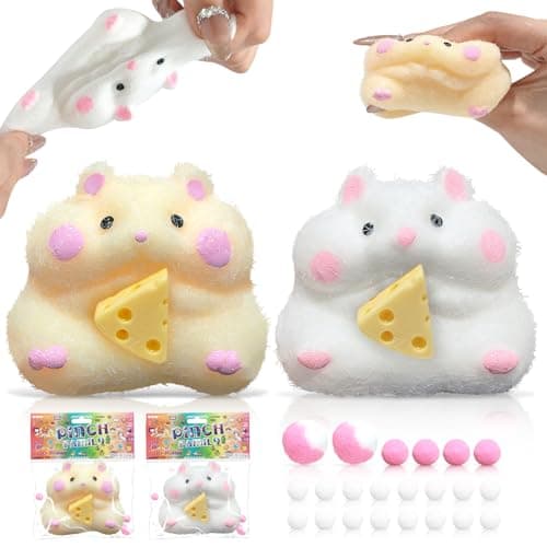 XPQKDC 2Pcs Handmade Taba Hamster Stress Toys, Soft Sticky Silicone Fidget Toys for Adults & Kids, Cute Hamster Squeeze Toys, Sensory Anxiety Relief Toys for Party Favors & Gifts (White & Yellow) - Image 1
