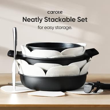 CAROTE 25pcs Pots and Pans Set Non Stick, Cookware Sets, Kitchen Set, Oven/Dishwasher/Fridge Safe, Space Saving Pots Set, Nonstick Set with Versatile Detachable Handle with Knife Set, Jet Black - Image 7