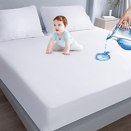 Waterproof Mattress Protector King Size,Mattress Cover Protector, Smooth Top Mattress Protector for Kids, Breathable Skin Friendly and Noiseless Fitted Sheet,King Size,Polyester - Image 1