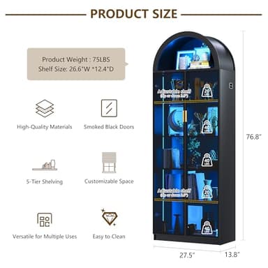 Dystler Display Cabinet with Doors and Adjustable Shelves, 76" Tall Display Case with LED Lights/Arch Storage Space, 6 Tier Bookcase for Collectibles Bedroom Living Room Office, Black - Image 2