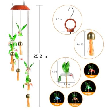 Hummingbird Gifts for Women Mom Grandma,Hanging Solar Wind Chimes for Outside,Waterproof LED Gardening Garden Decor Lights for Festival Birthday Gifts for Girlfriend Wife (Red Housing) - Image 6