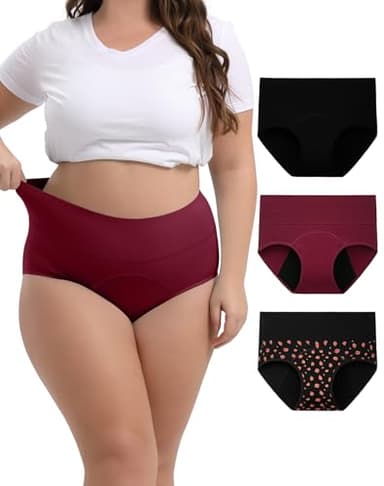 INNERSY Period Underwear for Women High Waisted Leak-Proof Postpartum Menstrual Panties 3-Pack (Rose Print, 3X-Large) - Image 1