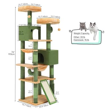 YITAHOME 76in Tall Cactus Cat Tree Tower with Self-Grooming Brush, Cute Cat Climbing Tower for Indoor Cats with Cat Condo, Plush Platform, Hammock, Sisal Scratching Posts, Dangling Ball - Image 3