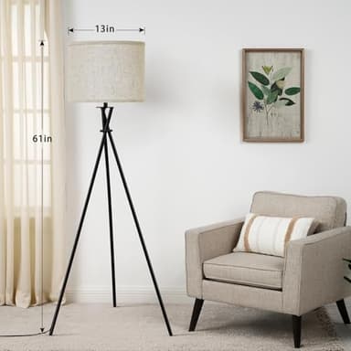 Tripod Floor Lamp Black, 61” Tall Floor Lamps, Standing Lamp with Rotary Switch, Modern Floor Lamp Simple Design with Beige Shade, Floor Lamps for Living Room, Bedroom, Office, Without Bulb - Image 2