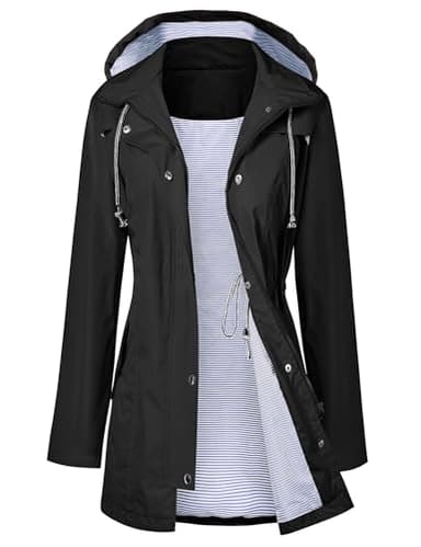 Women Rain Jacket Belted Adjustment Hooded Long Lightweight Packable Outerwear Waterproof Breathable Cotton Lined Raincoat Black M - Image 1