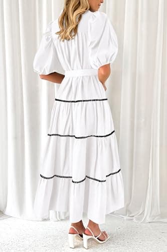 PRETTYGARDEN Women's Summer Button Down Shirt Dress Short Puffy Sleeve Tiered Ruffle Flowy Long Maxi Dresses (White,Medium) - Image 2