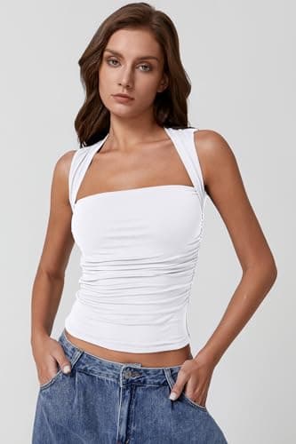 QINSEN Tank Tops for Women Square Neck Double Lined Slim Fit Summer Basic T Shirts White M - Image 5