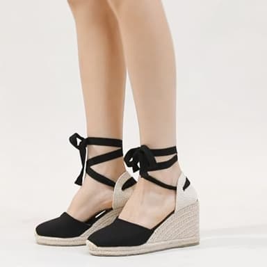U-lite Womens Espadrille Wedge Sandals Closed Toe Platform Lace Up Ankle Strap Slingback Summer Dress Shoes Black Suede-2.5" 8.5 - Image 6