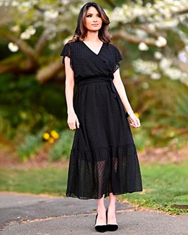 BTFBM Women Summer Bohemian Floral Casual Wrap V Neck Ruffle Cap Sleeveless Belt A-Line Pleated Hem Swing Midi Sun Dress (Swiss Dot Black, x_l) - Image 5