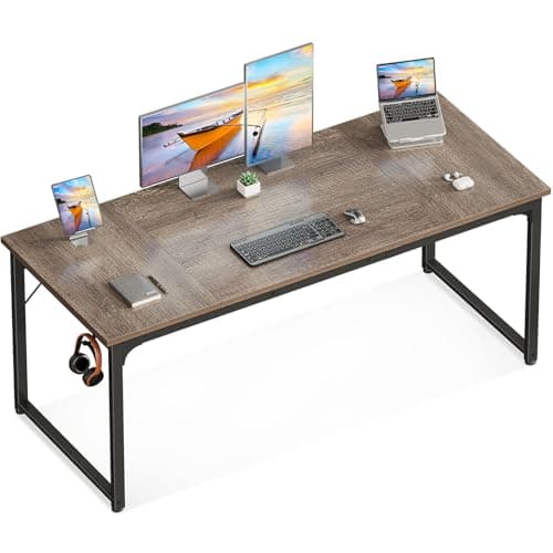 Casaottima 63 Inch Computer Desk for Home Office, Study Writing Table for Small Spaces, Simple Modern Desk with Headphone Hooks, Grey Oak - Image 1