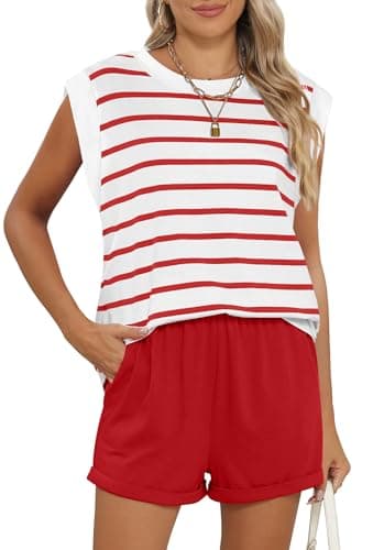 RUBZOOF Lounge Sets for Women Summer Casual Loungewear Two Piece Outfits Short Sets Striped Cap Sleeve Top Shorts Red Stripe XL - Image 1