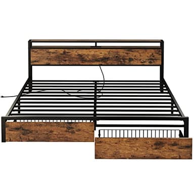 LIKIMIO King Bed Frame with Storage Headboard, Platform Bed with Drawers and Charging Station, No Box Spring Needed, Easy Assembly, Vintage Brown - Image 7
