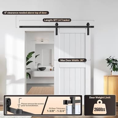 Heavy Duty Barn Door Track Kit, 5 FT Single Sliding Hardware, Black Sturdy Track for 260lbs 30" Wide Door Panel, Smoothly & Quietly, J Shape Hanger - Image 3