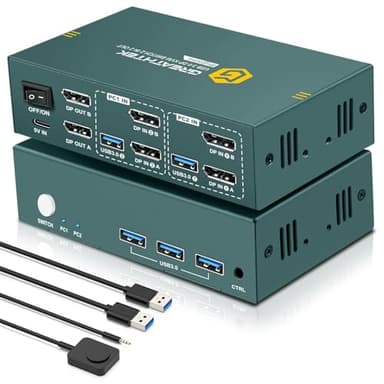 8K@60Hz Displayport KVM Switch 2 Monitors 2 Computers USB 3.0, 4K@240Hz KVM Switch Displayport with 3 USB 3.0 Ports Sharing Keyboard and Mouse, Printer/Scanner, Desktop Controller - Image 1