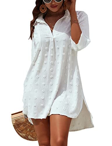 Blooming Jelly Womens Bathing Suit Coverups White Swiss Dot Beach Swim Cover Up Shirt Dress(Medium, White) - Image 1