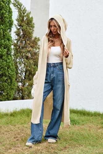 Cakulo Womens Hooded Oversized Long Cardigan Sweaters Fall Duster Cardigans Open Front Coatigan 2025 Apricot XL - Image 4