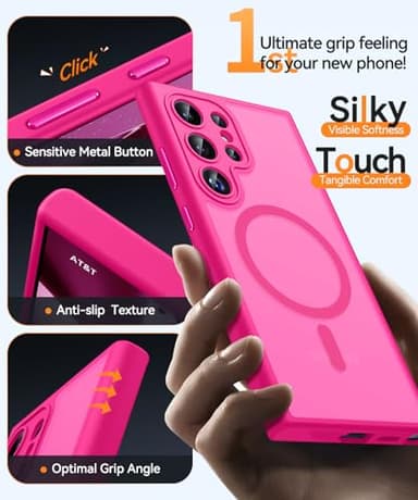 CANSHN Designed for Samsung Galaxy S24 Ultra Case [Full Camera Protection] [Compatible with MagSafe] Translucent Matte Shockproof Protective Phone Cover 6.8 Inch - Hot Pink - Image 7