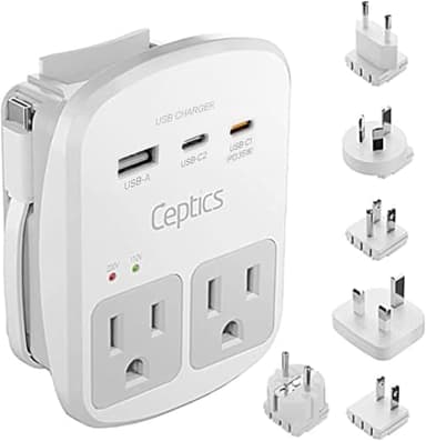 Ceptics 35W Universal Travel Adapter Kit – 2 USA sockets, USB-A, USBC, 1x PD 35W USB-C and USBC Cable, Surge Protected, Plugs for EU, UK, China, AU, Japan - for Laptop, Phone, Camera-ETL Tested - Image 3