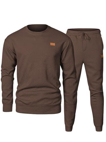 JMIERR 2 Piece Outfits for Man Long Sleeve Knit Jacquard Pullover Sweatshirt & Running Joggers Sweatpants Track Suits Set, Fall Tracksuit Sweatsuits Matching Lounge Sets, 3XL, Coffee - Image 1