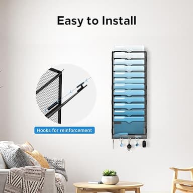 SUPEASY 13-Tier Wall File Organizer, Wall File Holder with Hooks, Mesh Hanging File Organizer, Mail Organizer Wall Mounted for Papers, Folders, Office Magazine Rack, Assembly Needed, Black - Image 6