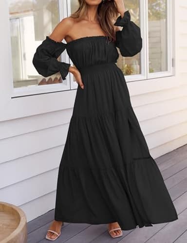 ZESICA Women's 2025 Boho Sexy Off Shoulder Long Sleeve Smocked High Waist Side Split Flowy A Line Tiered Long Maxi Dress,DarkBlack,Medium - Image 3