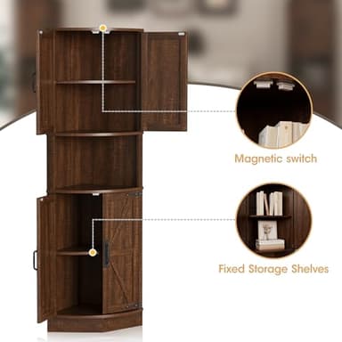 Vabches 64.8" Tall Farmhouse Corner Cabinet with 4 Doors and 5 Storage Shelves, Farmhouse Storage Cabinet with Barn Door Design, Home Space Saver for Living Room, Kitchen, Laundry Room,Brown - Image 3