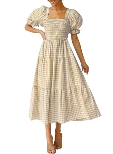 ZESICA Women's 2025 Bohemian Summer Plaid Square Neck Puff Sleeve Ruffle Flowy Beach Midi Dress,Beige,Large - Image 1