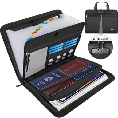 Andyer Accordion File Organizer with Lock, Fireproof Expanding File Folder with Tabs, 13 Pockets Important Document Organizer with Handle, Portable Paperwork Business Organizer, Letter/A4-Size (Black) - Image 1