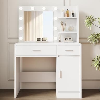 LIVELYGLOW Lighted Makeup Vanity Desk, 35.4“W x 15.7'”D x 54“H, White (with Lights and Mirror, Dimming Function, 2 Drawers and 1 Cabiniet, Open Shelves) by Boahaus - Image 7