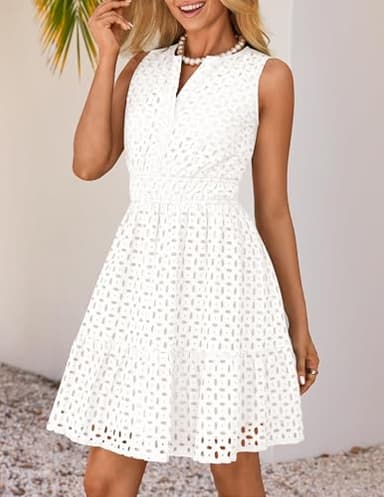 ZESICA Women's Summer Sleeveless Mini Dress V Neck Hollow Out Eyelet High Waist A Line Swing Short Party Dresses,White,Medium - Image 2