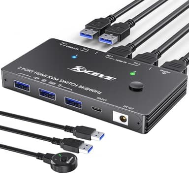 KVM Switch 8K@60Hz,HDMI KVM Switch for 2 Computers Sharing 1 Monitor and 3 USB3.0 Devices, Wired Remote Control and USB Cable Included - Image 1