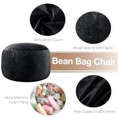 WhatsBedding Large Bean Bag Chair: 3 ft Memory Foam for Adults/Kids, with Fillings. Soft Faux Fur Fabric - Dutch Velvet, Black, 3 Foot Bean Bag - Image 3