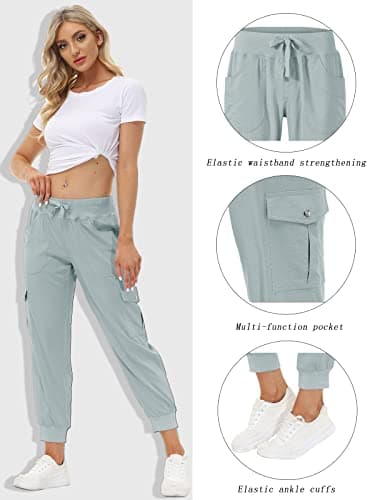 MoFiz Women Cargo Pants with Pockets Lightweight Outdoor Summer Travel Casual Hiking Pants Running Joggers Sweatpants Elastic Waist Light Grey L - Image 2