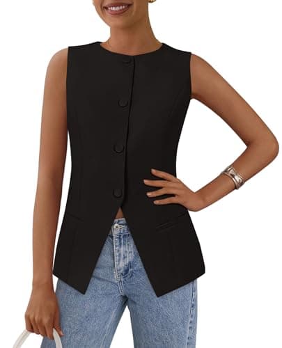 PRETTYGARDEN Women's Summer Suit Vest Tops 2025 Dressy Business Casual Sleeveless Button Down Trendy Fashion Blazer Waistcoat (Black,Large) - Image 1