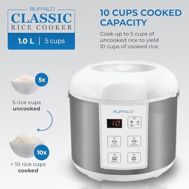 Buffalo Classic Rice Cooker with Clad Stainless Steel Inner Pot - Electric Rice Cooker for White/Brown Rice, Grain - Easy-to-clean, Non-Toxic & Non-Stick, Auto Warmer (5 Cup) - Image 2
