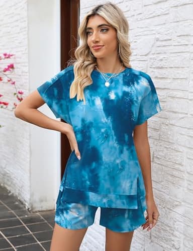 LOMON Womens 2 Piece Outfits High Waist Drawstring Lounge Shorts Sets 2025 Summer Comfy Loungewear Sweatsuits(Blue Tie Dye,L) - Image 2