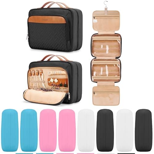 Travel Hanging Toiletry Bag for Women, Large Makeup Bag 8 Leak Proofing Silicone Bottle Covers, Waterproof Cosmetic Bag with Jewelry Organizer Compartment, Toiletries Kit Set, Black - Image 1