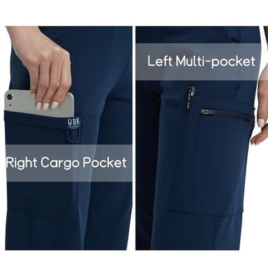 QBK High Rise Yoga Scrub Pants Women - Straight Wide Leg Uniform Pants with Cargo Pocket, Anti-Wrinkle & Knit Yoga Waistband (Regular, Navy, M) - Image 5