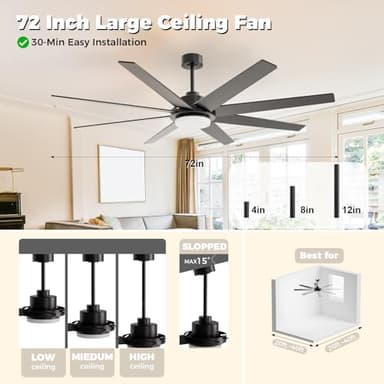 72 Inch Ceiling Fans with Lights and Remote, Outdoor Indoor Black LED Big Ceiling Fan Reversible 24db Quiet DC Motor, 6 Speed 3CCT Dimiable, Modern Ceiling Fans for Patios Living Room Farmhouse Garage - Image 6