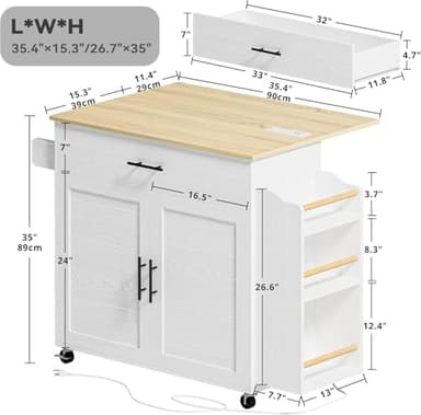 IRONCK Kitchen Island with Storage, Rolling Kitchen Island on Wheels with Drop Leaf, 3 Open Spice Rack Shelf, Door Cabinet, Drawer, Kitchen Cart Island Table for Kitchen, White - Image 2