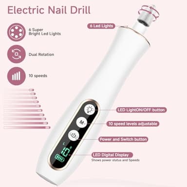 Professional Cordless Electric Nail File Set, 360 LED Light Drill Machine With LCD Display, 10 Speeds Rechargeable for Gel and Thick Toe Nails, Manicure Pedicure Kit, Christmas Gifts - Image 6