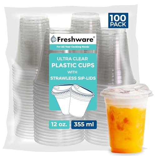 Freshware Clear Plastic Cups with Strawless Sip Lids [100 Cups - 12 oz] Disposable Tumblers for Iced Coffee, Smoothie, Milkshake, Cold Drinks - Image 1