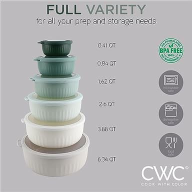 COOK WITH COLOR Prep Bowls with Lids- Wide and Deep Nesting Plastic Small Mixing Bowl Set with Lids, 12 Piece Set - Wide Bowls, Green - Image 3