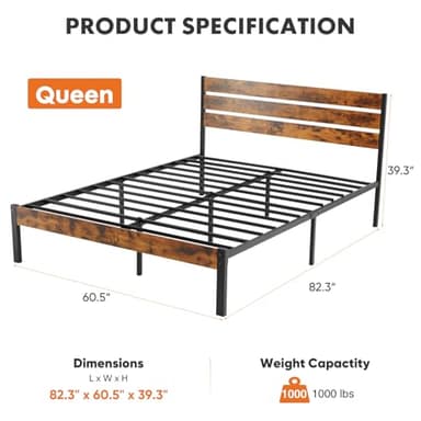 Sweetcrispy Queen Size Bed Frame with Headboard, 800LBS Mattress Foundation with All Sturdy Metal Support, Under Bed Storage, No Box Spring Needed, Easy Assembly, Rust Brown - Image 2